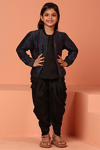 Blue Chanderi Printed Bomber Jacket Set For Girls by ASMI By Mayank Modi