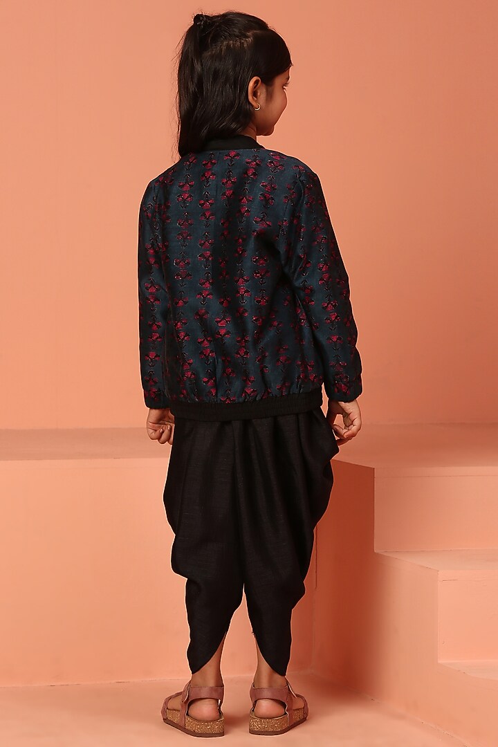 Blue Chanderi Printed Bomber Jacket Set For Girls by ASMI By Mayank Modi at Pernia's Pop Up Shop