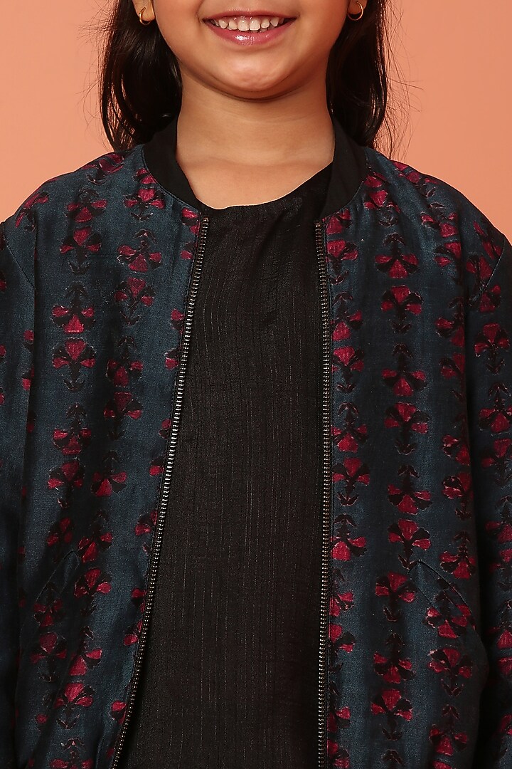 Blue Chanderi Printed Bomber Jacket Set For Girls by ASMI By Mayank Modi at Pernia's Pop Up Shop