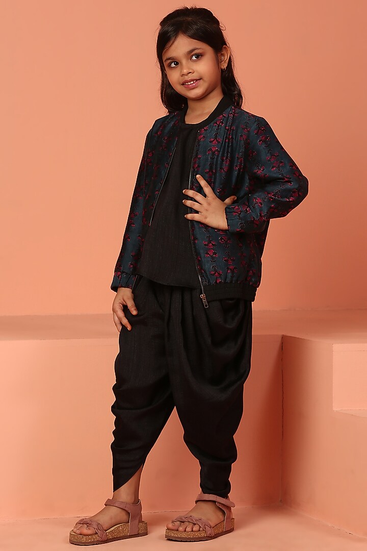 Blue Chanderi Printed Bomber Jacket Set For Girls by ASMI By Mayank Modi at Pernia's Pop Up Shop