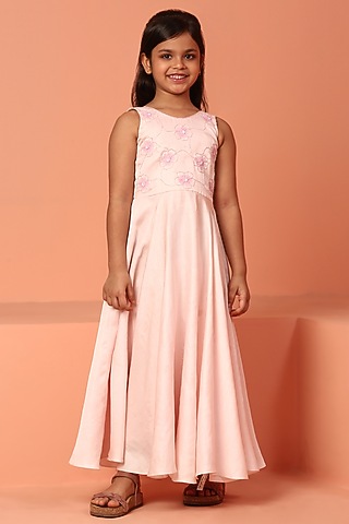 Pastel Pink Bemberg Silk Slub Hand Embroidered Dress For Girls by ASMI By Mayank Modi