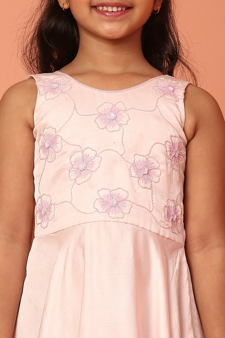 Pastel Pink Bemberg Silk Slub Hand Embroidered Dress For Girls by ASMI By Mayank Modi at Pernia's Pop Up Shop