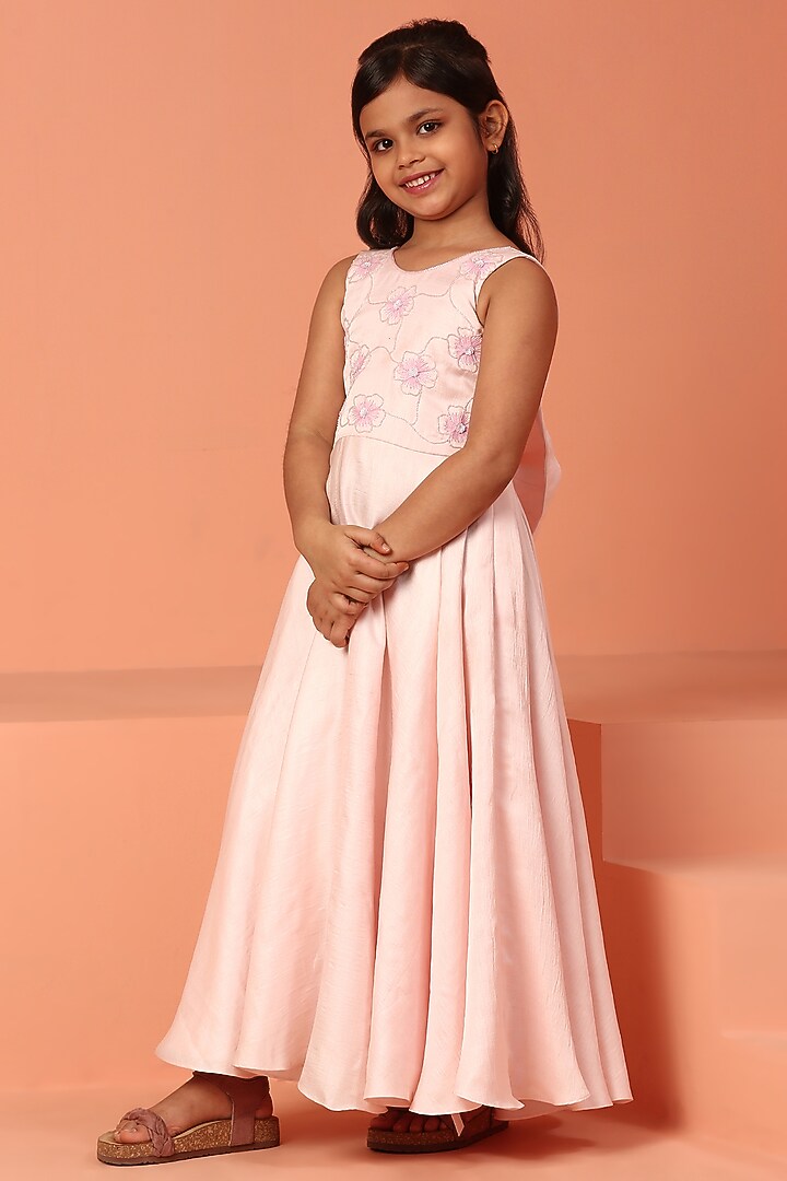 Pastel Pink Bemberg Silk Slub Hand Embroidered Dress For Girls by ASMI By Mayank Modi at Pernia's Pop Up Shop
