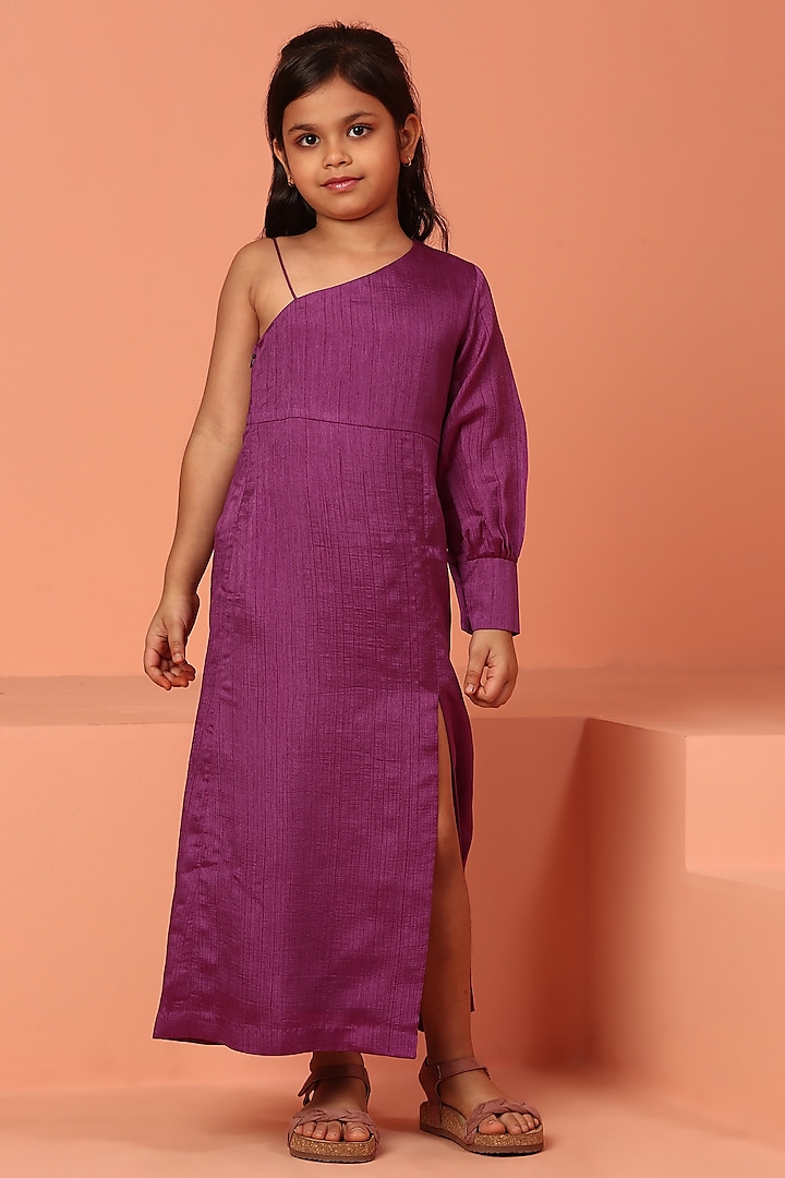 Purple Silk Bemberg Off-Shoulder Gown For Girls by ASMI By Mayank Modi at Pernia's Pop Up Shop