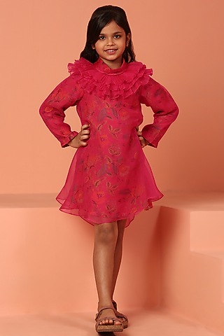 Pink Chanderi & Muslin Printed Dress For Girls by ASMI By Mayank Modi