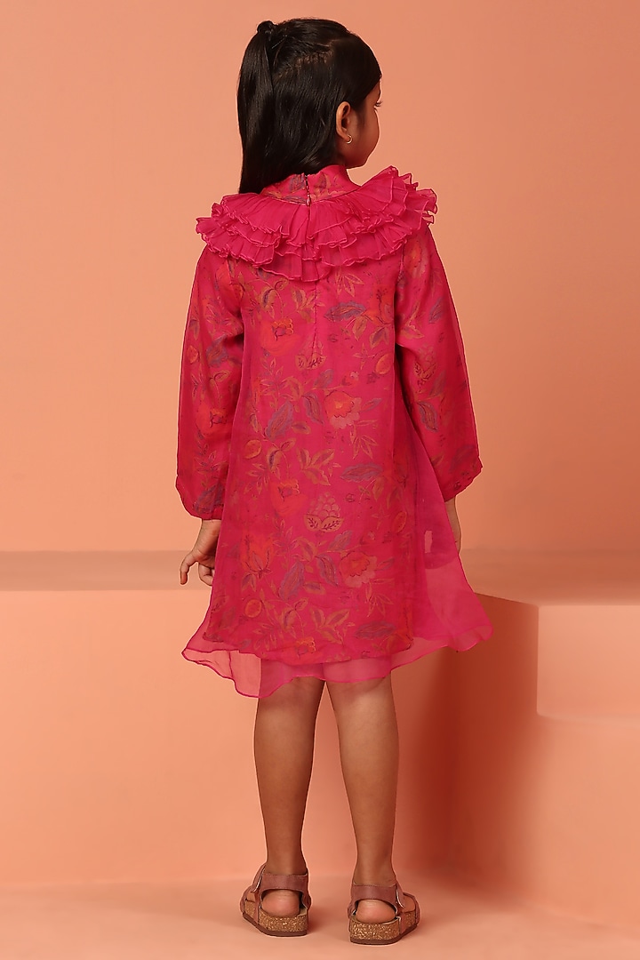 Pink Chanderi & Muslin Printed Dress For Girls by ASMI By Mayank Modi at Pernia's Pop Up Shop