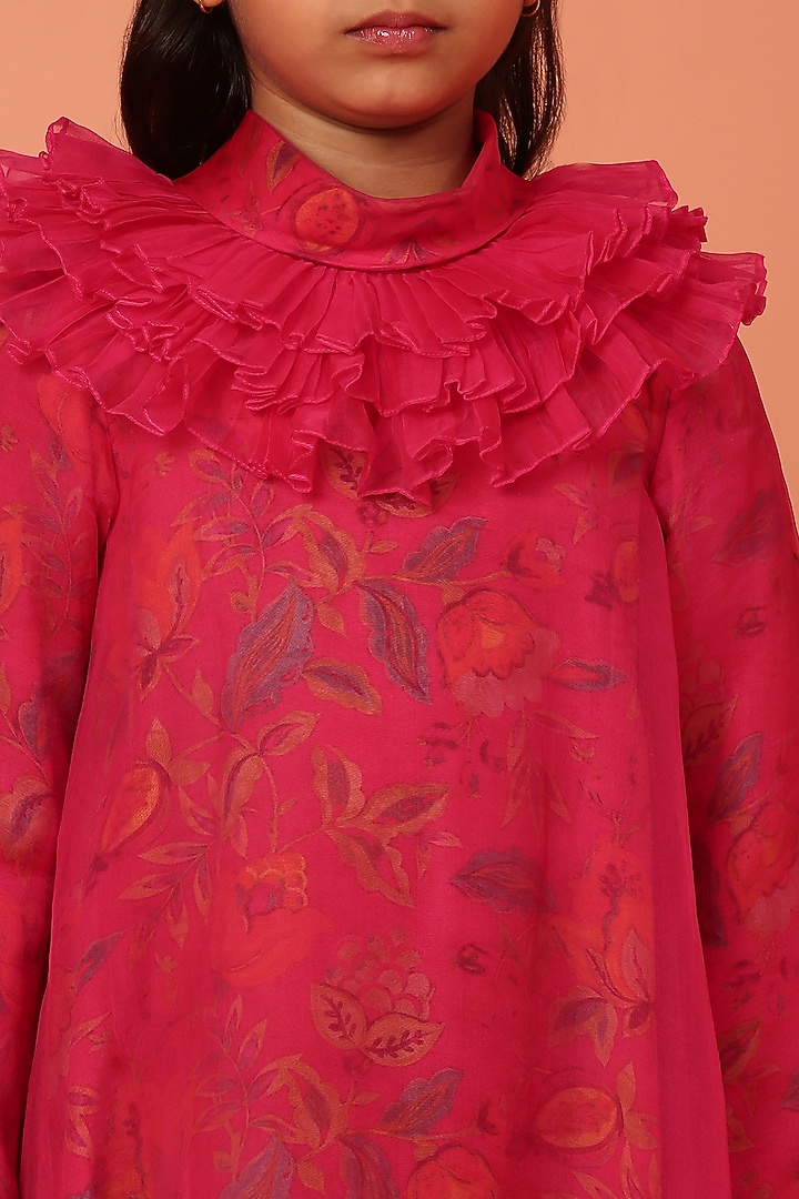 Pink Chanderi & Muslin Printed Dress For Girls by ASMI By Mayank Modi at Pernia's Pop Up Shop