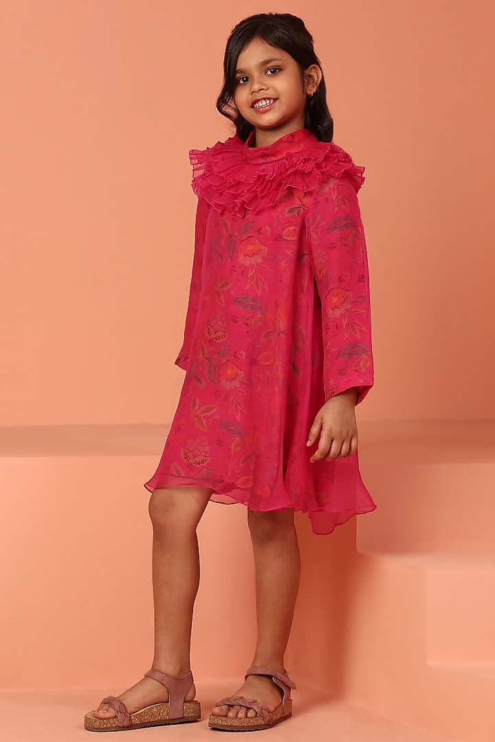 Pink Chanderi & Muslin Printed Dress For Girls by ASMI By Mayank Modi at Pernia's Pop Up Shop