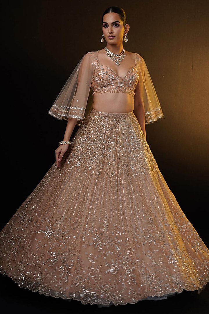 Bronze Organza Glass Bead & Sequins Embroidered Jacket Bridal Lehenga Set by Ronak and Shruti at Pernia's Pop Up Shop