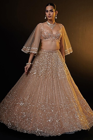 Bronze Organza Glass Bead & Sequins Embroidered Jacket Lehenga Set by Ronak and Shruti