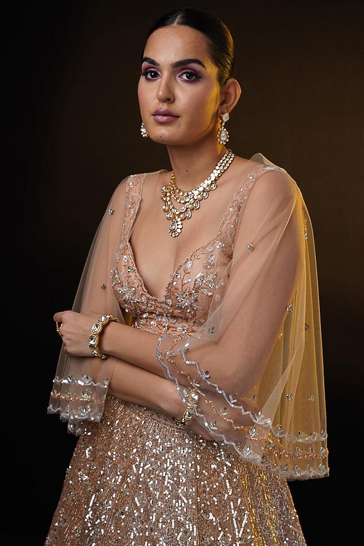 Bronze Organza Glass Bead & Sequins Embroidered Jacket Bridal Lehenga Set by Ronak and Shruti at Pernia's Pop Up Shop