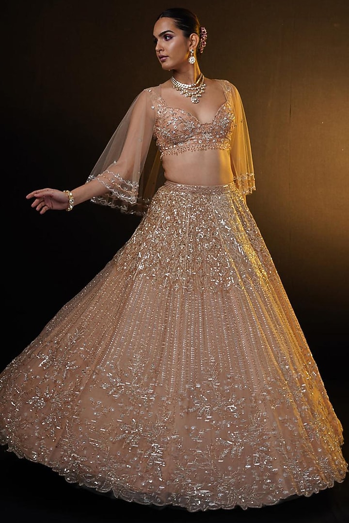 Bronze Organza Glass Bead & Sequins Embroidered Jacket Bridal Lehenga Set by Ronak and Shruti at Pernia's Pop Up Shop