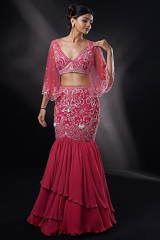 Coral Red Georgette Sequins Embellished Fish-Cut Lehenga Set by Ronak and Shruti