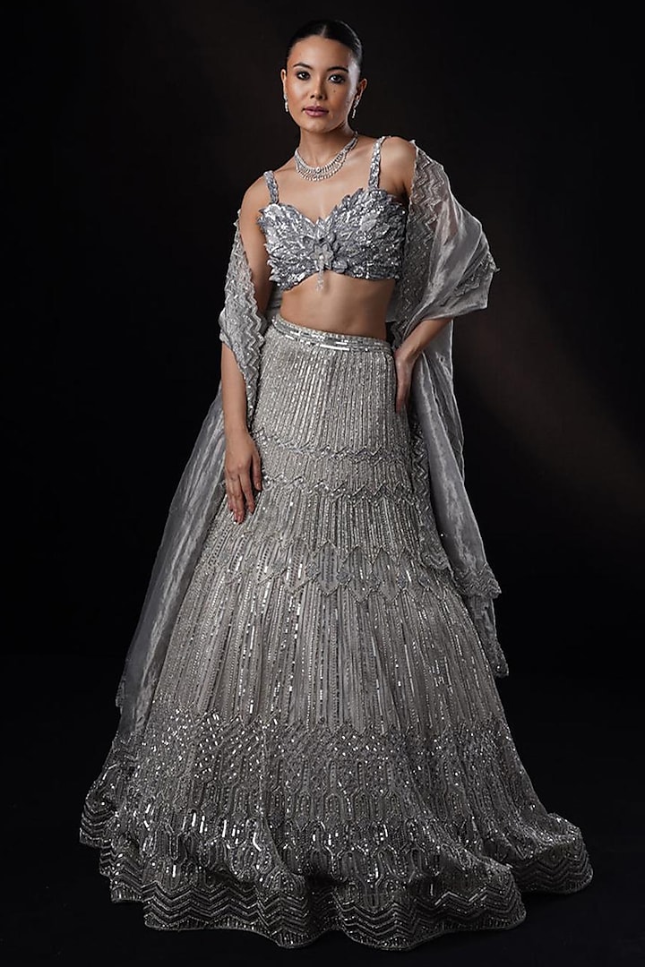 Grey Tulle Swarovski & Crystal Hand Embroidered Bridal Lehenga Set by Ronak and Shruti at Pernia's Pop Up Shop