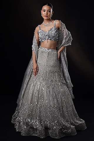 Grey Tulle Swarovski & Crystal Hand Embroidered Lehenga Set by Ronak and Shruti