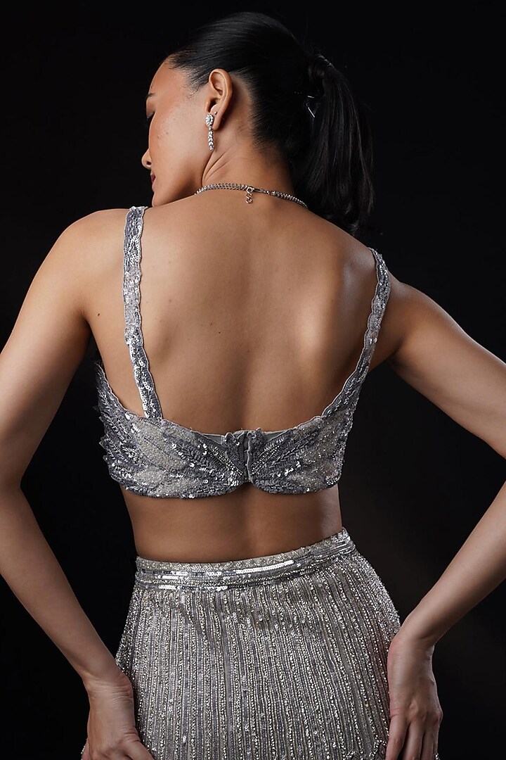 Grey Tulle Swarovski & Crystal Hand Embroidered Bridal Lehenga Set by Ronak and Shruti at Pernia's Pop Up Shop