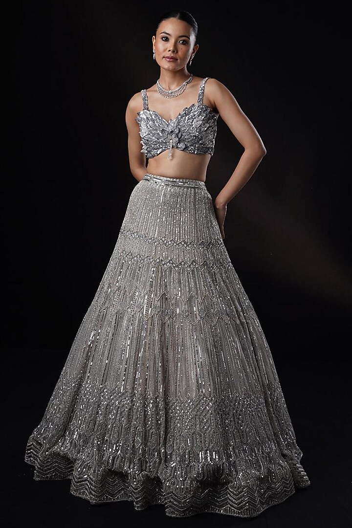 Grey Tulle Swarovski & Crystal Hand Embroidered Bridal Lehenga Set by Ronak and Shruti at Pernia's Pop Up Shop