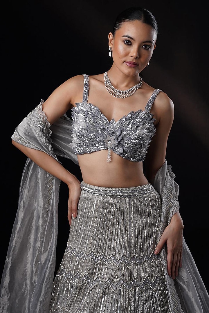Grey Tulle Swarovski & Crystal Hand Embroidered Bridal Lehenga Set by Ronak and Shruti at Pernia's Pop Up Shop