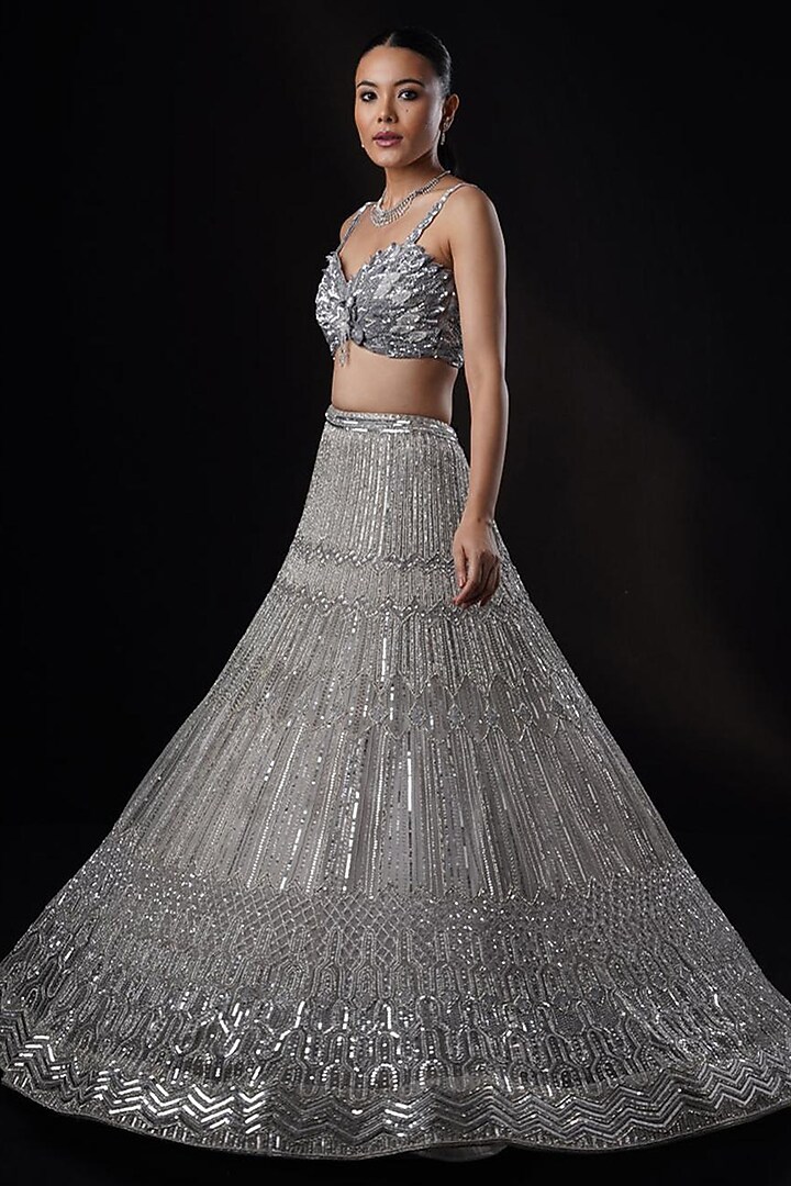 Grey Tulle Swarovski & Crystal Hand Embroidered Bridal Lehenga Set by Ronak and Shruti at Pernia's Pop Up Shop