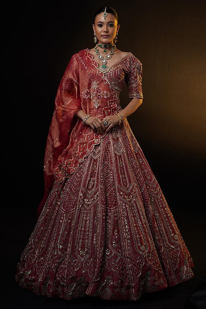 Red Tissue Floral & Zardosi Embroidered Bridal Lehenga Set by Ronak and Shruti at Pernia's Pop Up Shop