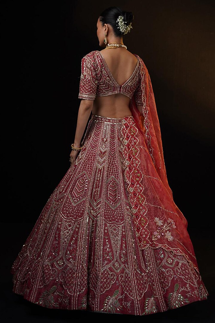 Red Tissue Floral & Zardosi Embroidered Bridal Lehenga Set by Ronak and Shruti at Pernia's Pop Up Shop