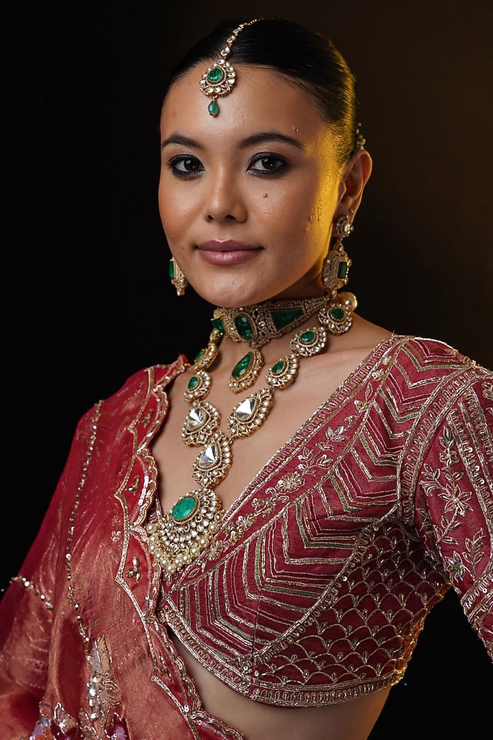 Red Tissue Floral & Zardosi Embroidered Bridal Lehenga Set by Ronak and Shruti at Pernia's Pop Up Shop