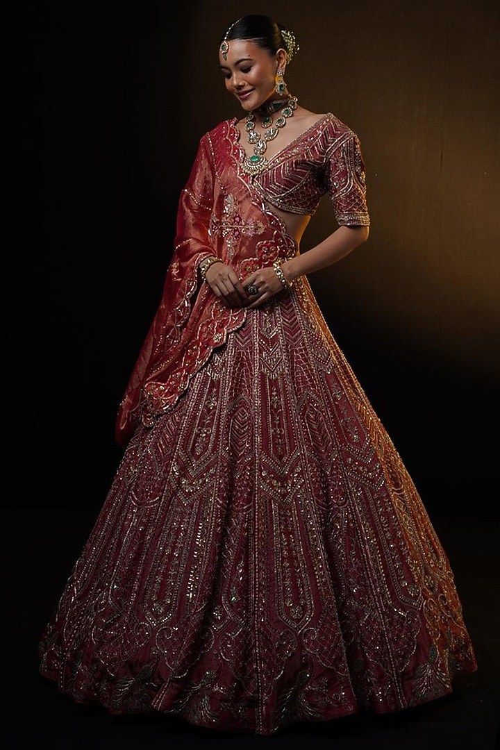 Red Tissue Floral & Zardosi Embroidered Bridal Lehenga Set by Ronak and Shruti at Pernia's Pop Up Shop
