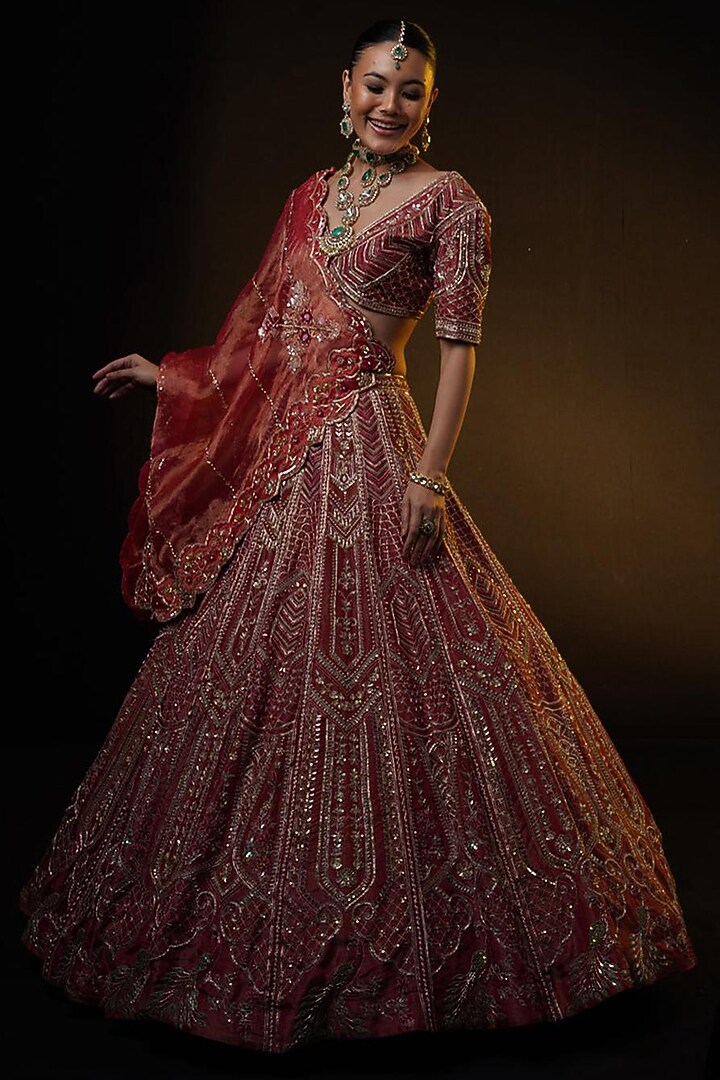 Red Tissue Floral & Zardosi Embroidered Bridal Lehenga Set by Ronak and Shruti at Pernia's Pop Up Shop