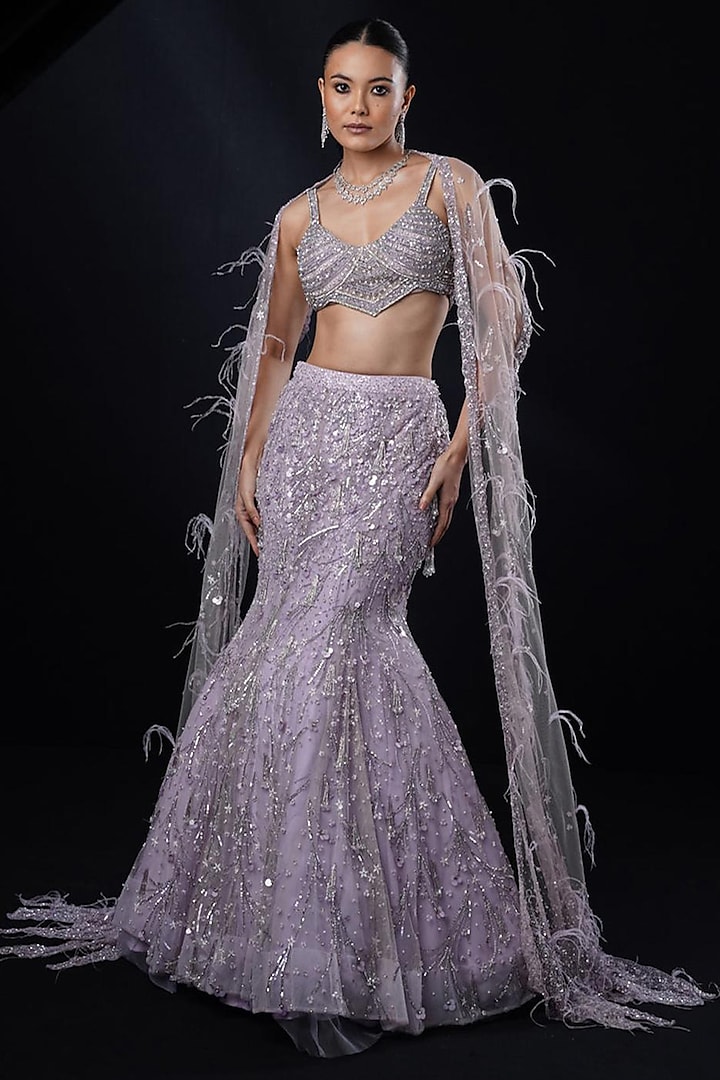 Lilac Net Glass Bead Embroidered Fish-Cut Bridal Lehenga Set by Ronak and Shruti at Pernia's Pop Up Shop