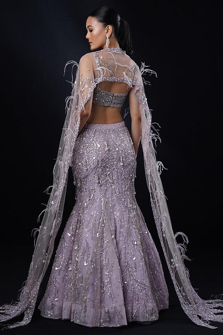 Lilac Net Glass Bead Embroidered Fish-Cut Bridal Lehenga Set by Ronak and Shruti at Pernia's Pop Up Shop