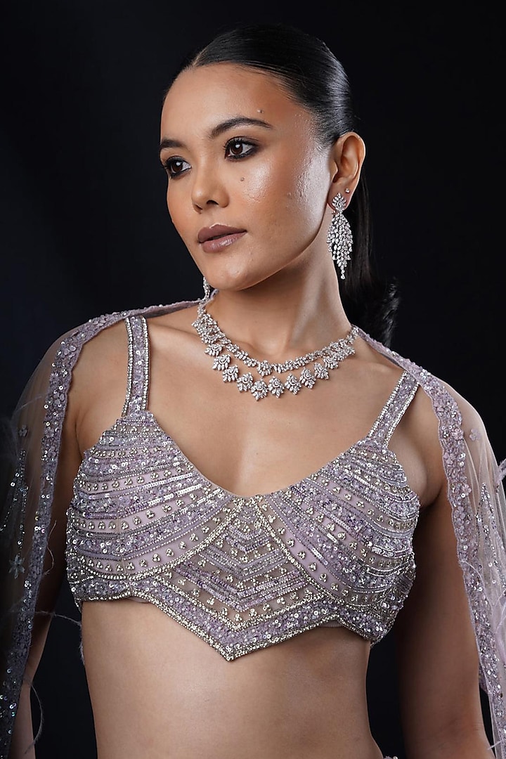 Lilac Net Glass Bead Embroidered Fish-Cut Bridal Lehenga Set by Ronak and Shruti at Pernia's Pop Up Shop