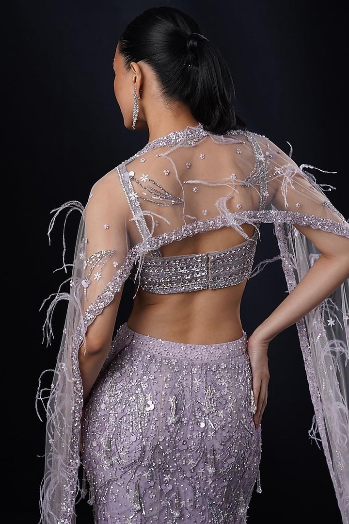 Lilac Net Glass Bead Embroidered Fish-Cut Bridal Lehenga Set by Ronak and Shruti at Pernia's Pop Up Shop