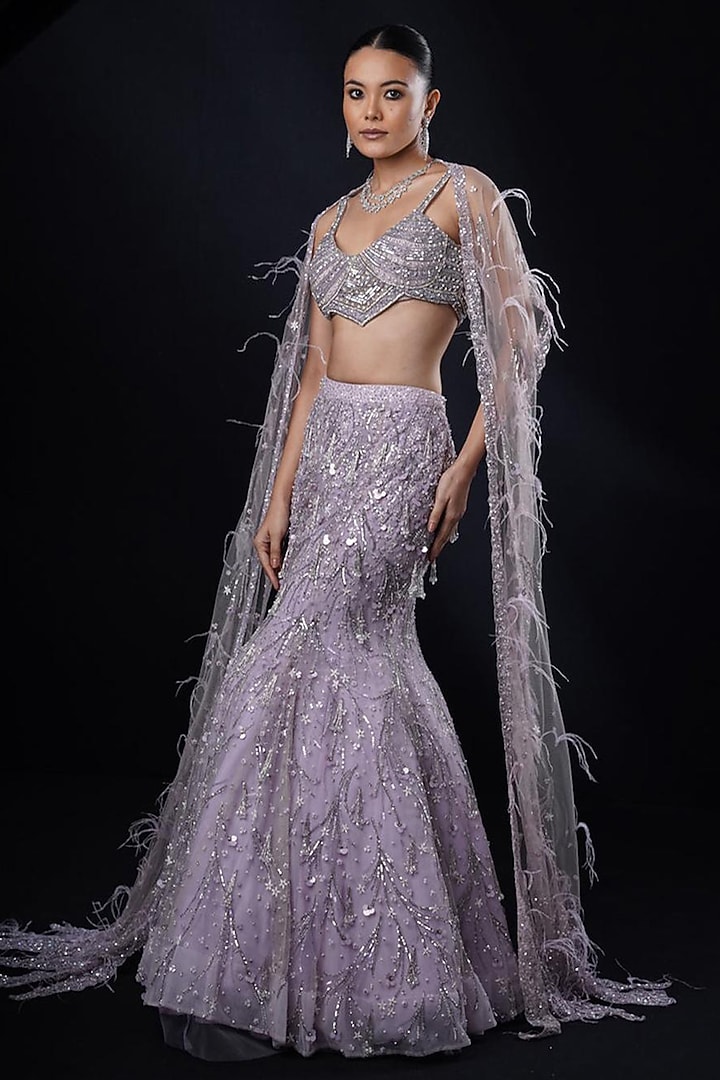 Lilac Net Glass Bead Embroidered Fish-Cut Bridal Lehenga Set by Ronak and Shruti at Pernia's Pop Up Shop