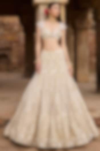 Beige Net Gold & Sequins Embroidered Bridal Lehenga Set by Ronak and Shruti at Pernia's Pop Up Shop