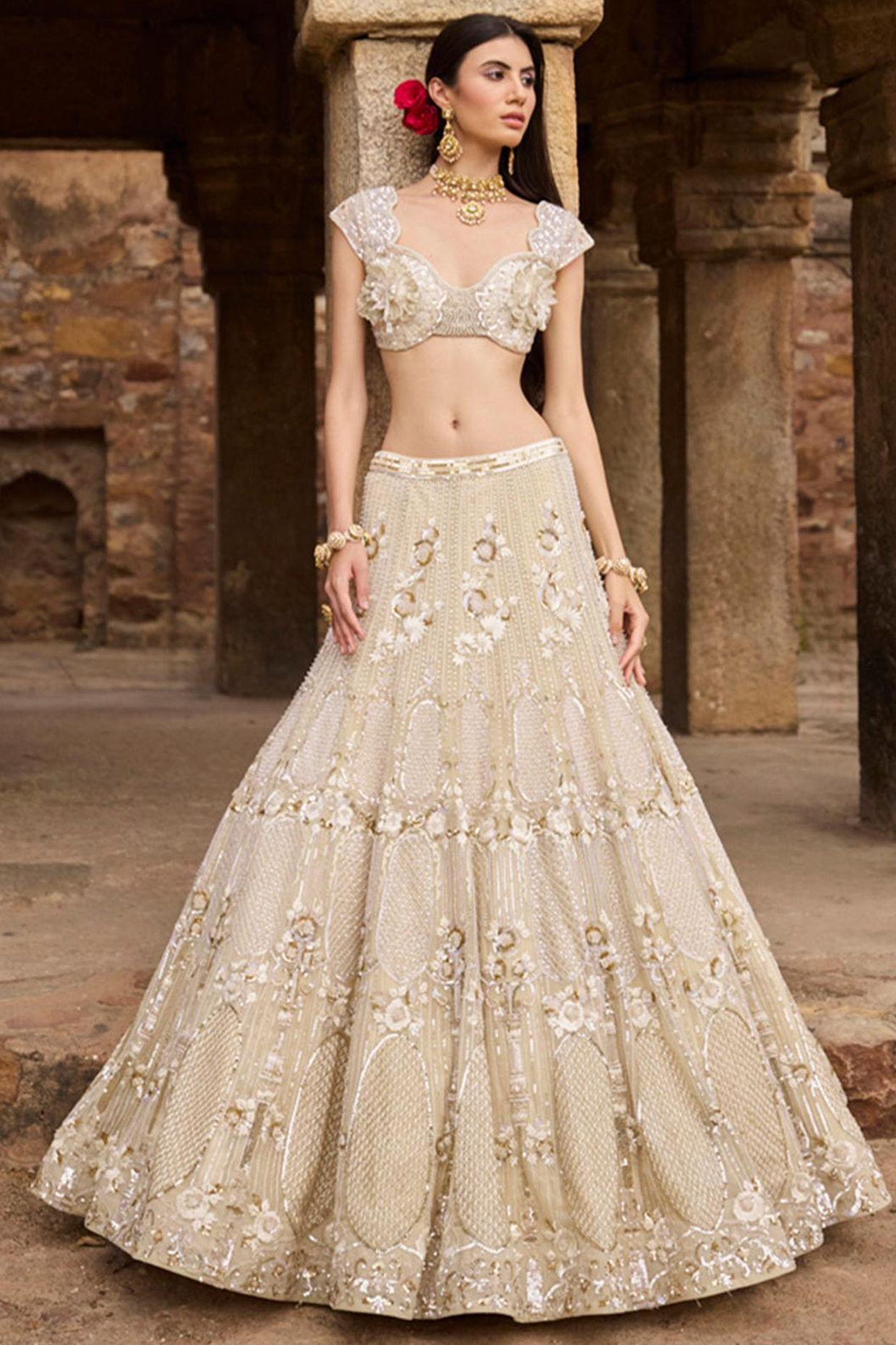 Beige Net Gold & Sequins Embroidered Bridal Lehenga Set by Ronak and Shruti at Pernia's Pop Up Shop