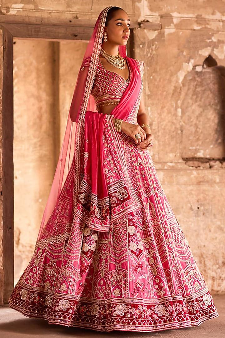 Deep Pink Linen Satin Pearl & Zardosi Embroidered Bridal Lehenga Set by Ronak and Shruti at Pernia's Pop Up Shop