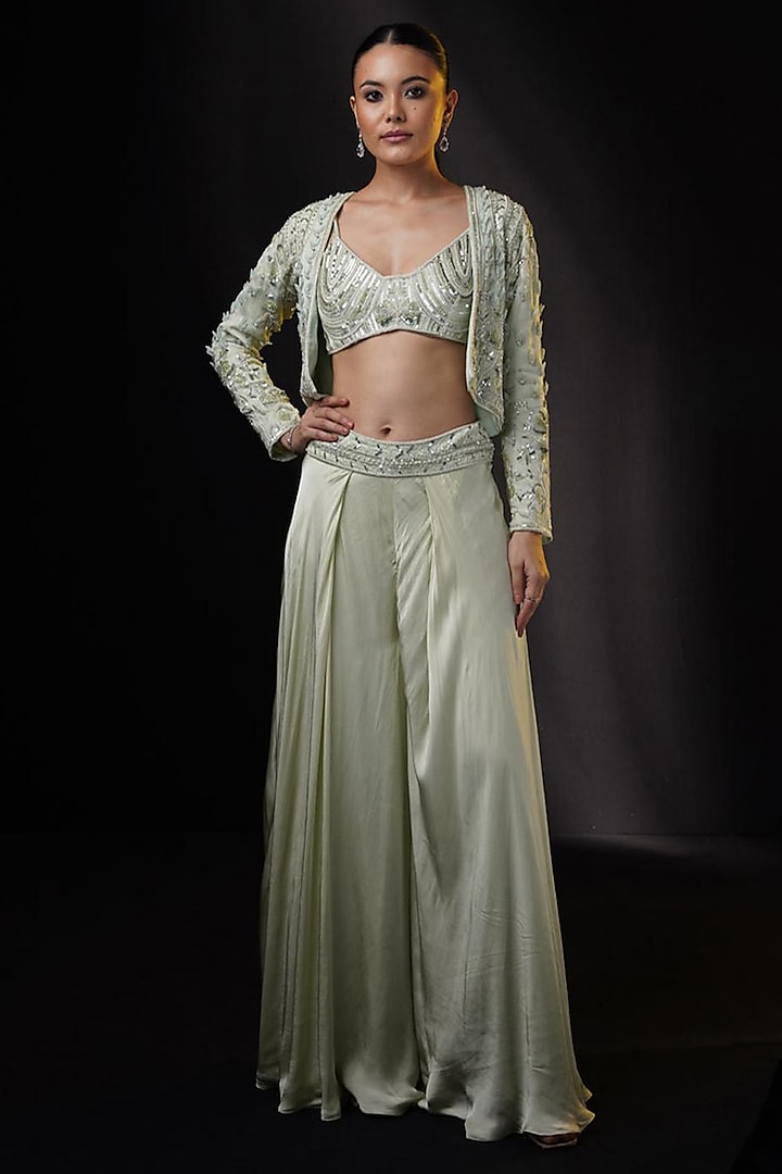 Sage Green Organza Sequins Embellished Jacket Set by Ronak and Shruti at Pernia's Pop Up Shop