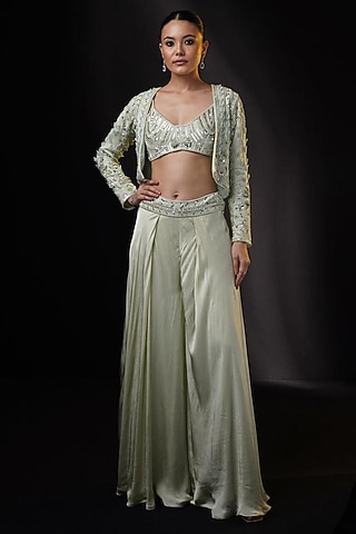 Sage Green Organza Sequins Embellished Jacket Set by Ronak and Shruti