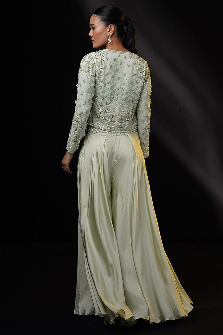 Sage Green Organza Sequins Embellished Jacket Set by Ronak and Shruti at Pernia's Pop Up Shop