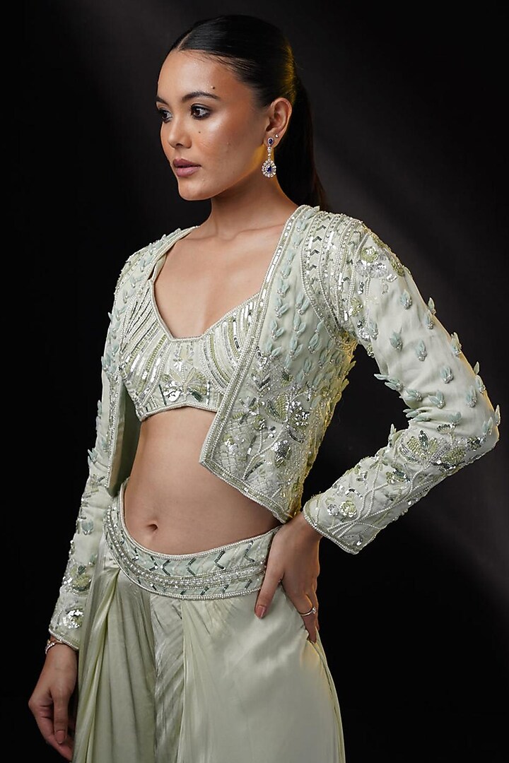 Sage Green Organza Sequins Embellished Jacket Set by Ronak and Shruti at Pernia's Pop Up Shop