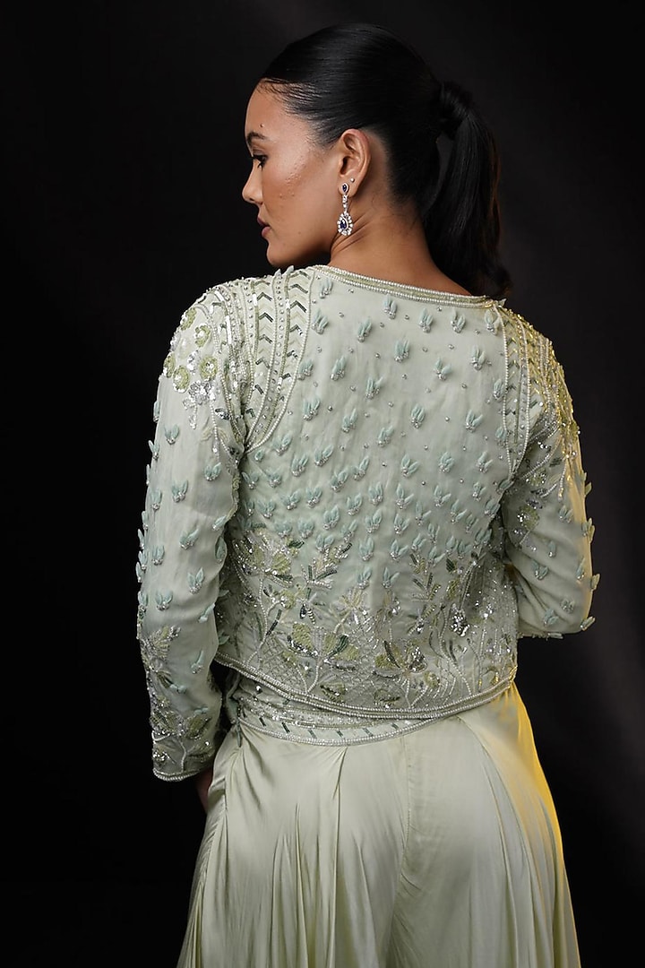 Sage Green Organza Sequins Embellished Jacket Set by Ronak and Shruti at Pernia's Pop Up Shop