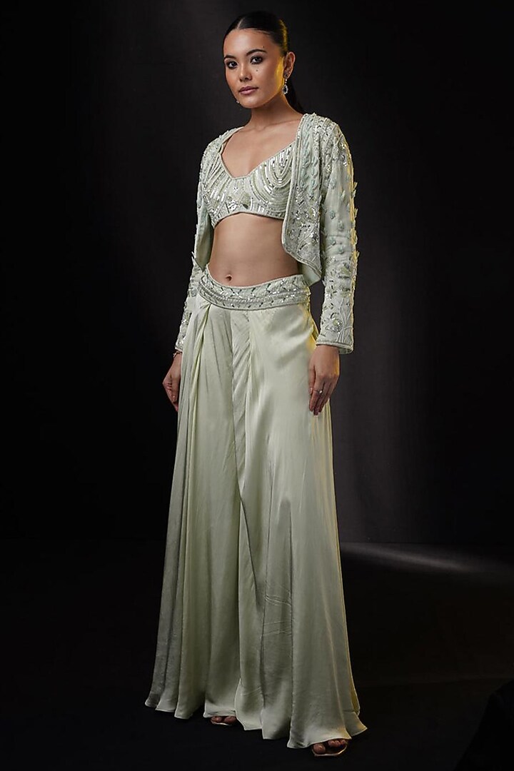 Sage Green Organza Sequins Embellished Jacket Set by Ronak and Shruti at Pernia's Pop Up Shop