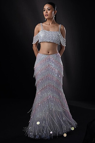 Powder Blue Net Tassel Embroidered Mermaid Lehenga Set by Ronak and Shruti