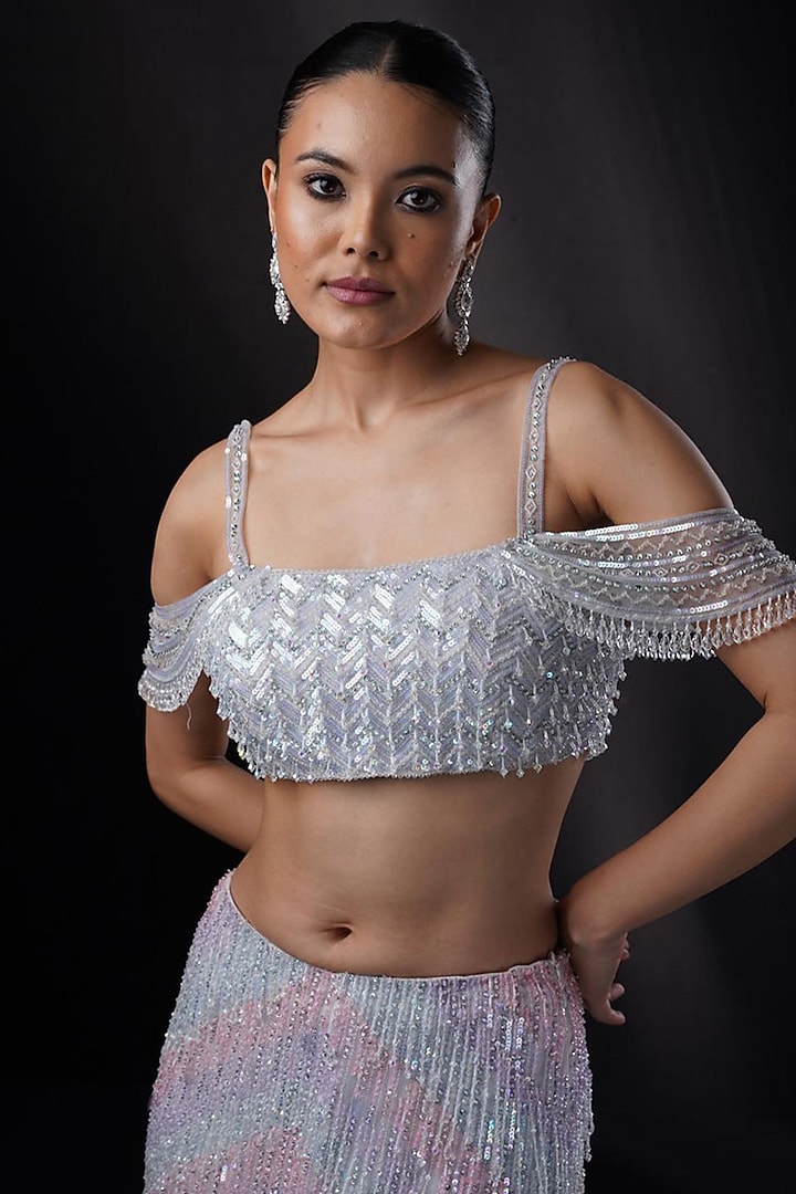 Powder Blue Net Tassel Embroidered Mermaid Bridal Lehenga Set by Ronak and Shruti at Pernia's Pop Up Shop