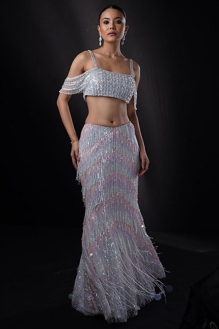 Powder Blue Net Tassel Embroidered Mermaid Bridal Lehenga Set by Ronak and Shruti at Pernia's Pop Up Shop