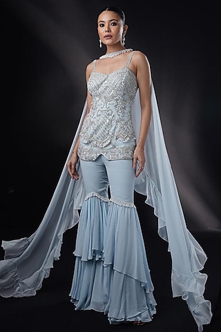 Powder Blue Georgette Layered Sharara Set by Ronak and Shruti