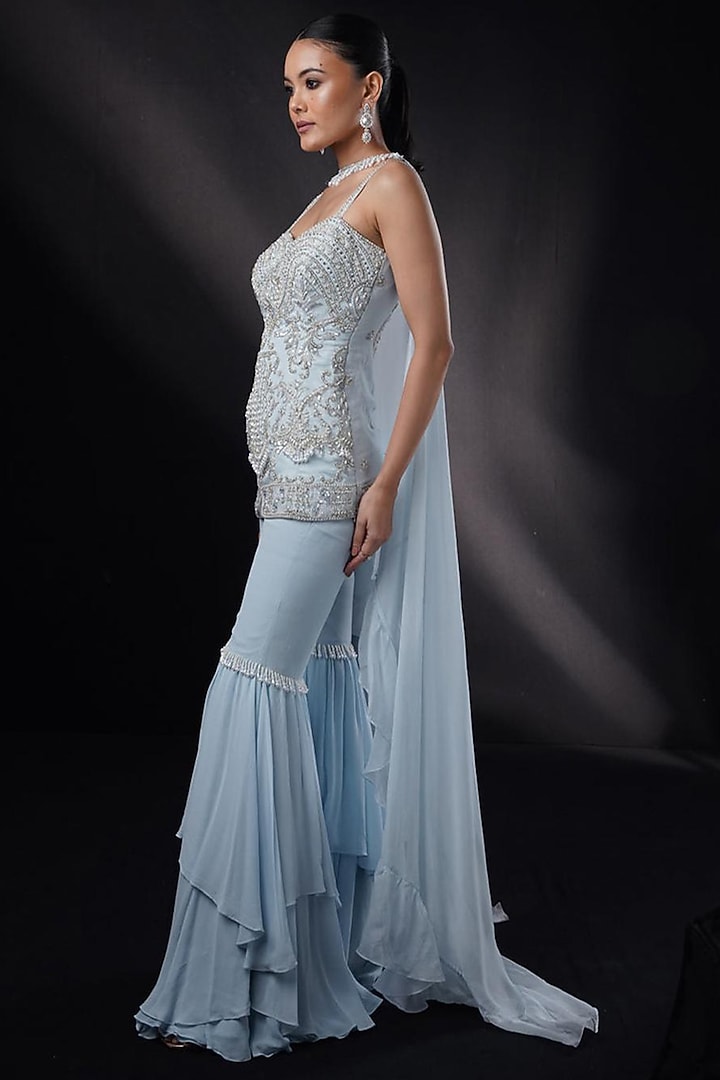 Powder Blue Georgette Layered Wedding Sharara Set by Ronak and Shruti at Pernia's Pop Up Shop