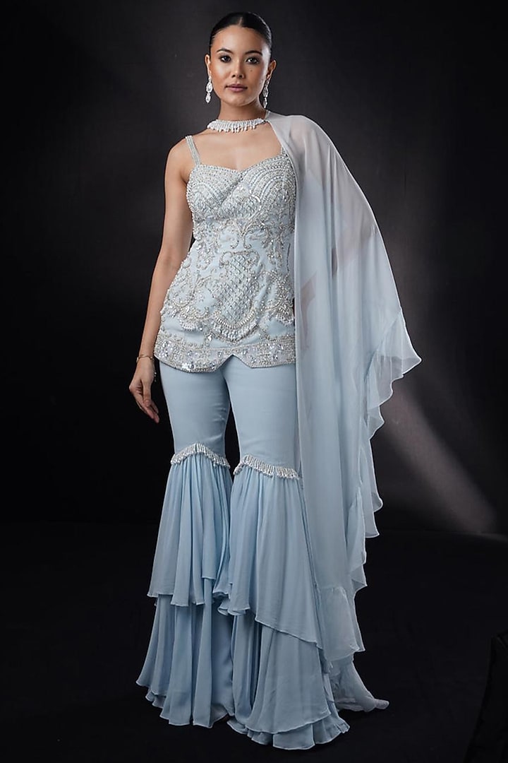 Powder Blue Georgette Layered Wedding Sharara Set by Ronak and Shruti at Pernia's Pop Up Shop
