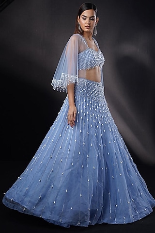 Sapphire Blue Organza Pearl Work Jacket Lehenga Set by Ronak and Shruti