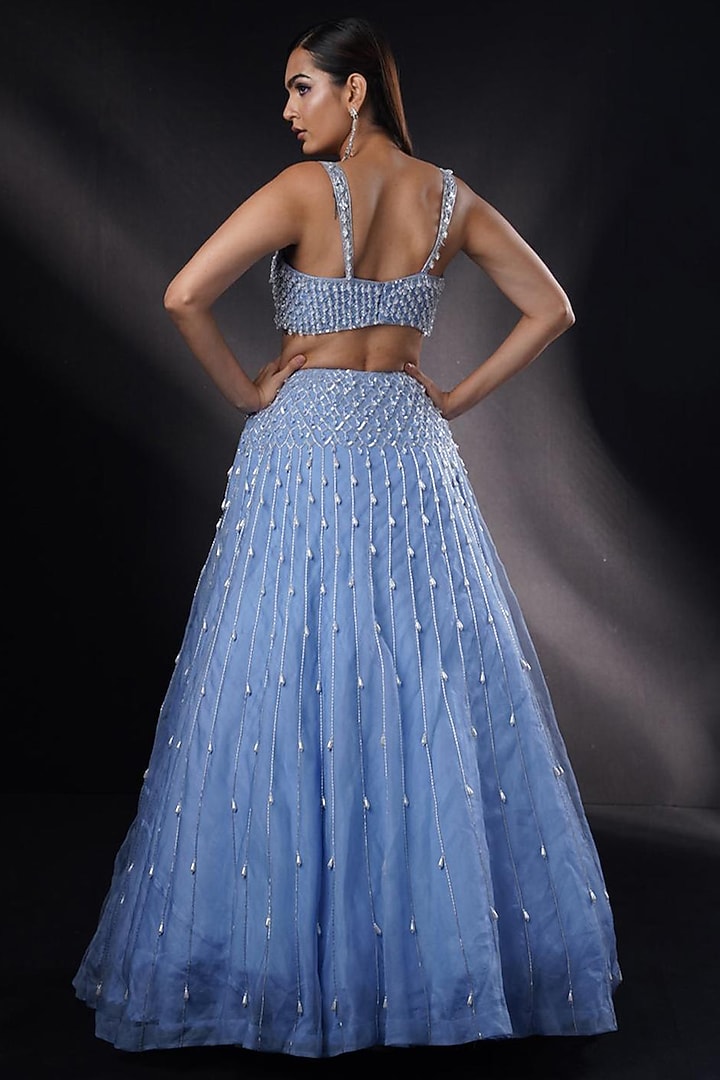 Sapphire Blue Organza Pearl Work Jacket Wedding Lehenga Set by Ronak and Shruti at Pernia's Pop Up Shop